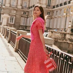 BODEN Corrine Midi Tea Dress in Cherry Red And White Ditsy Floral Print